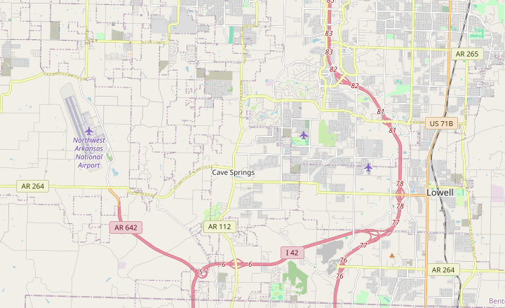 Street map centered on Cave Springs with surrounding Northwest Arkansas roads and communities