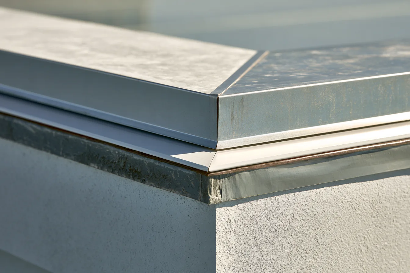 Close-up of a metal parapet corner with folded flashing and coping trim