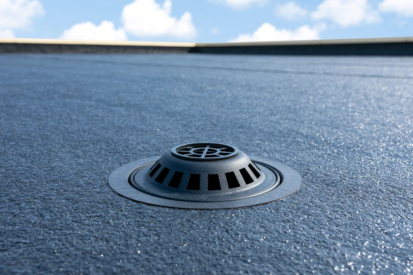 Black roof drain dome set into a granulated cap sheet under blue sky