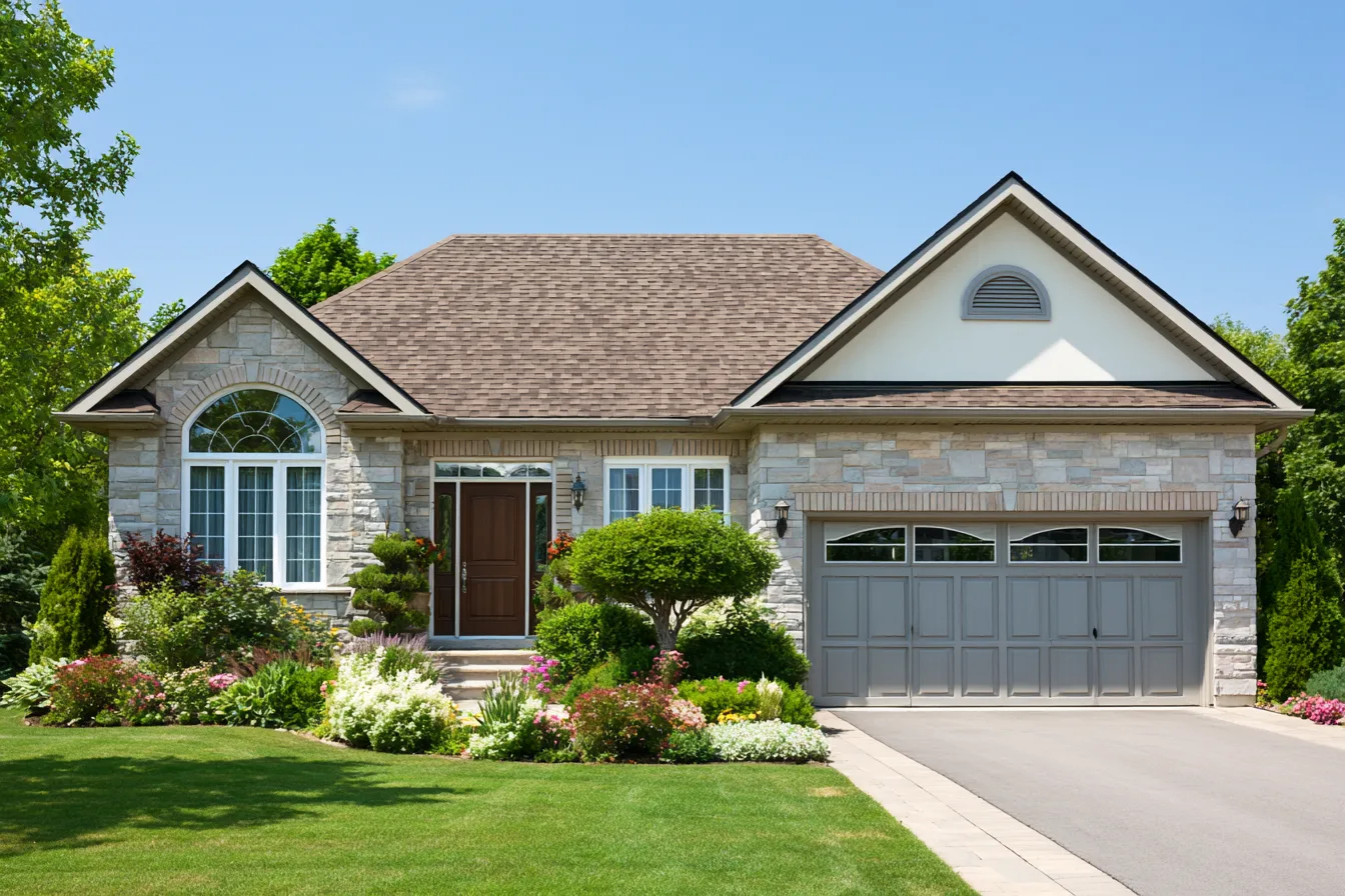 Stone bungalow with lush flower beds and a brown asphalt shingle roof
