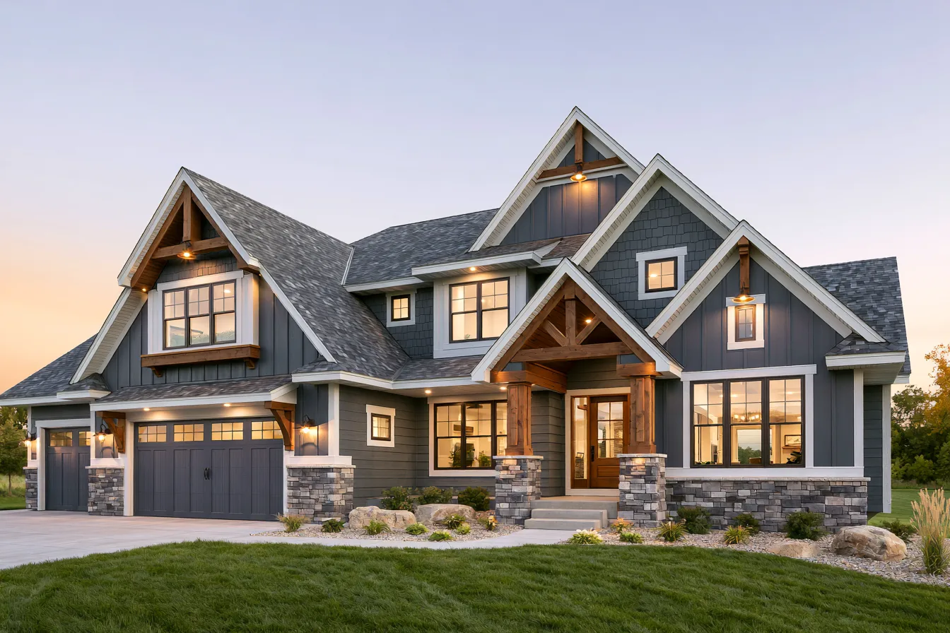 A two-story craftsman home with dark siding and timber gable beams under a gray shingle roof