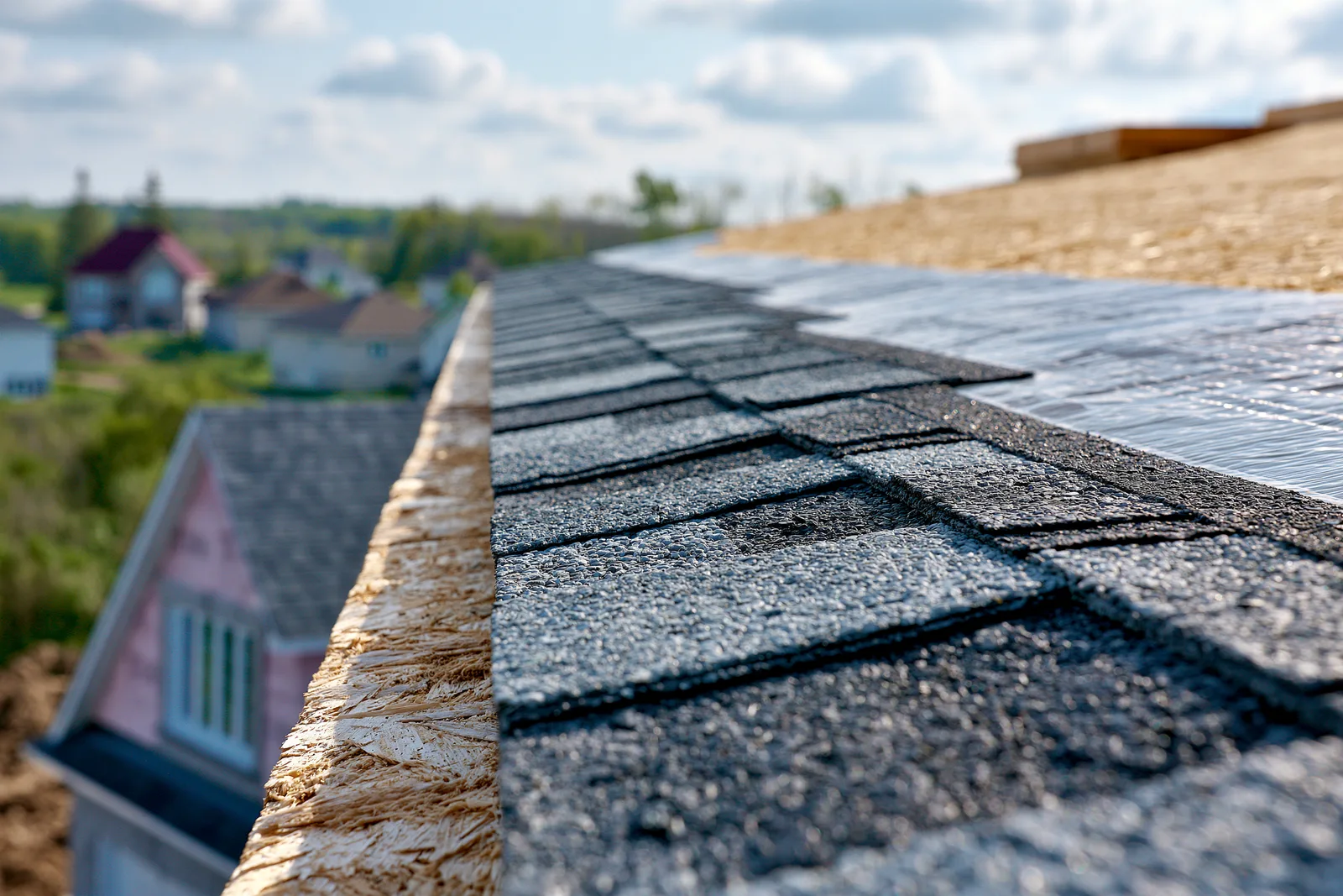 Asphalt shingles transitioning to underlayment and exposed roof decking along a roofline