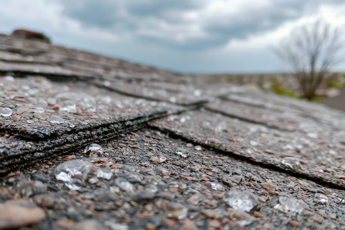 Hailstones scattered across asphalt shingles under an overcast sky