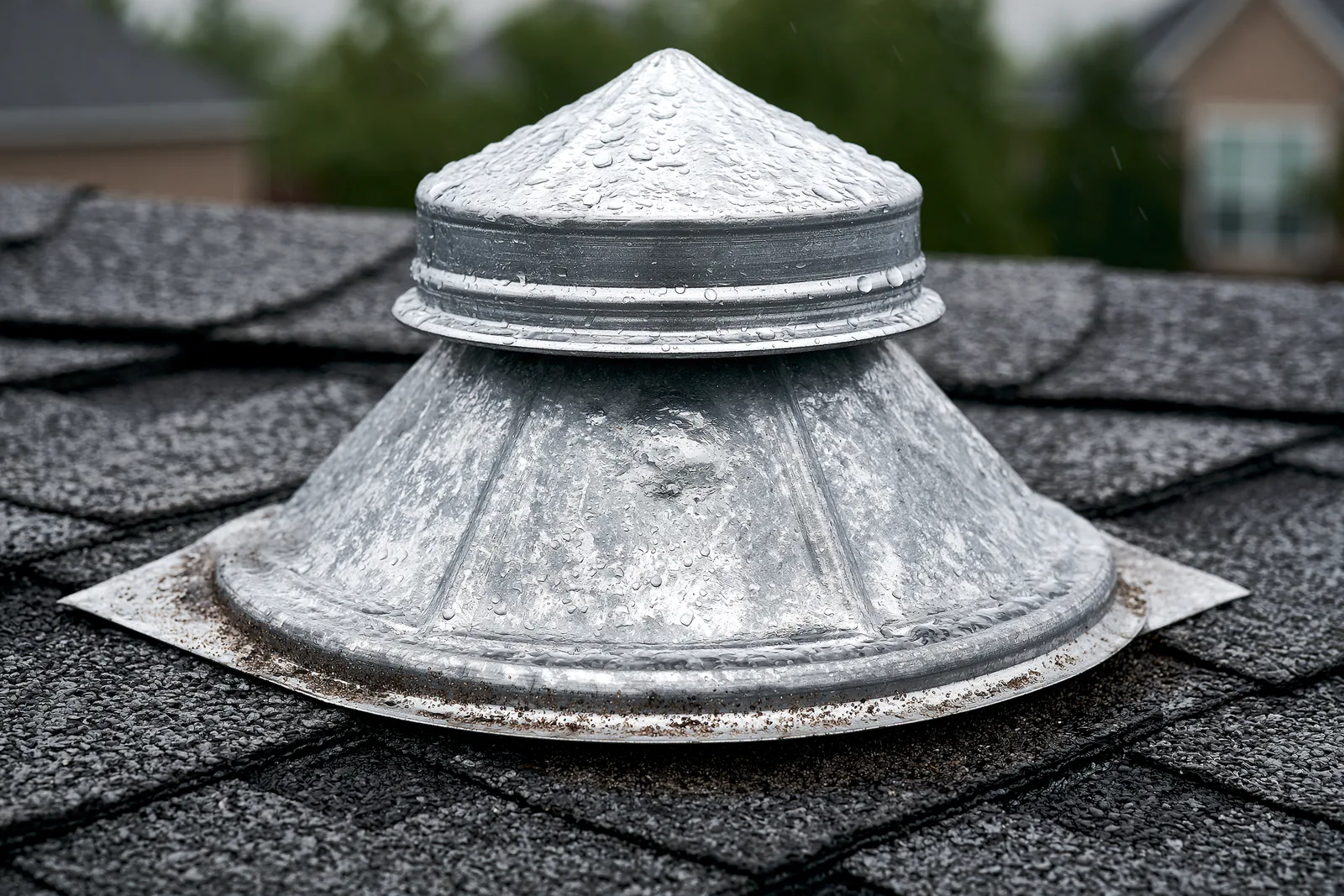 A rain-soaked metal roof vent cap sits atop shingles during a storm